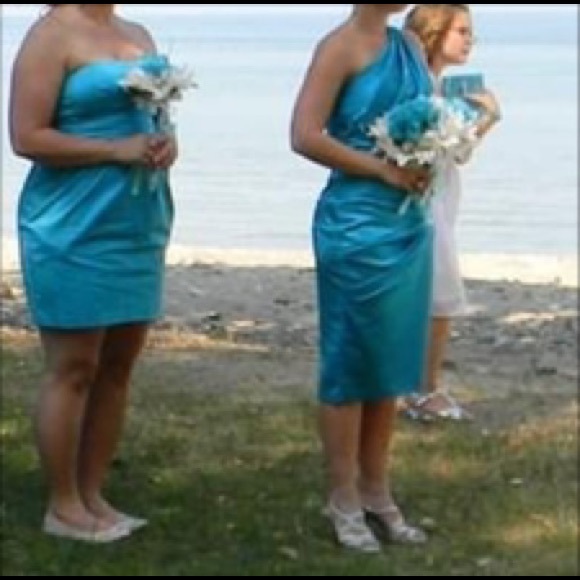 David’s Bridal Silky Teal One Shoulder short Dress - Picture 7 of 7
